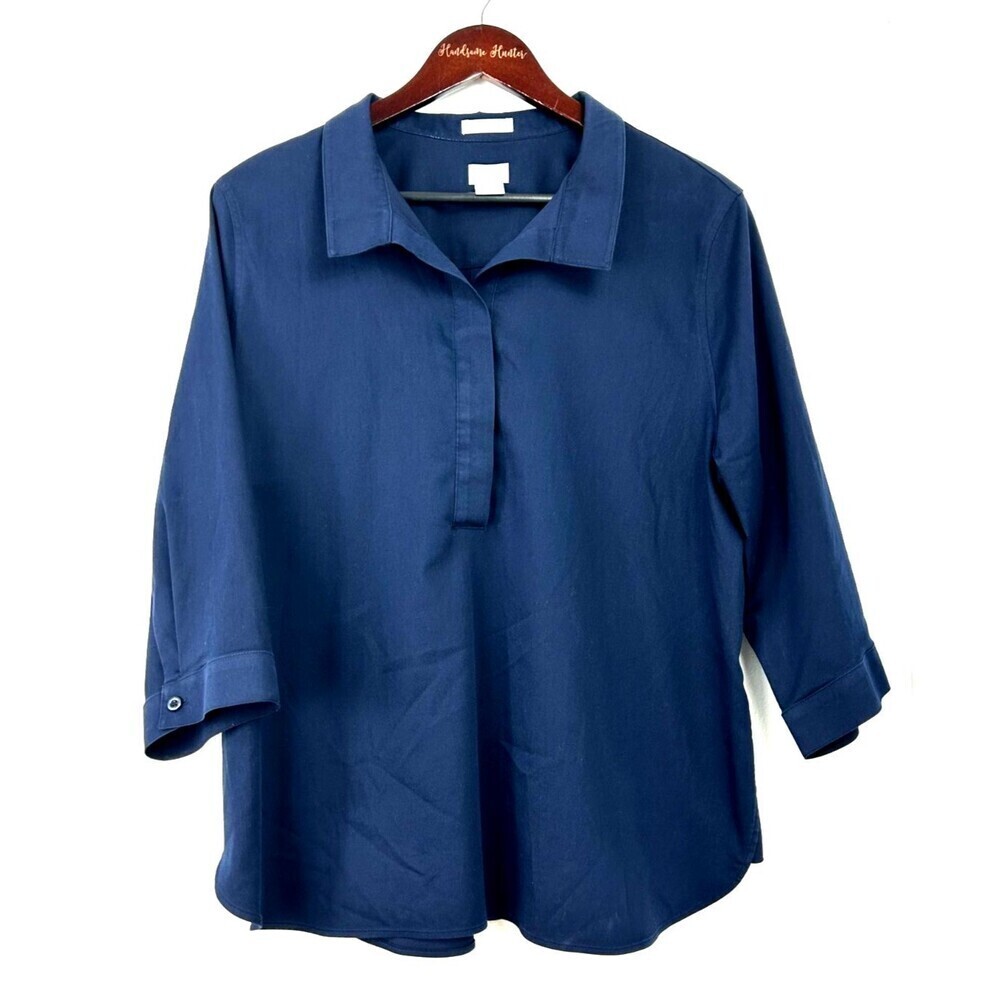 Chicos Women No Iron Chic Stretch Shirt Blouse Sz 16P Petite Navy Minimal 1200R3